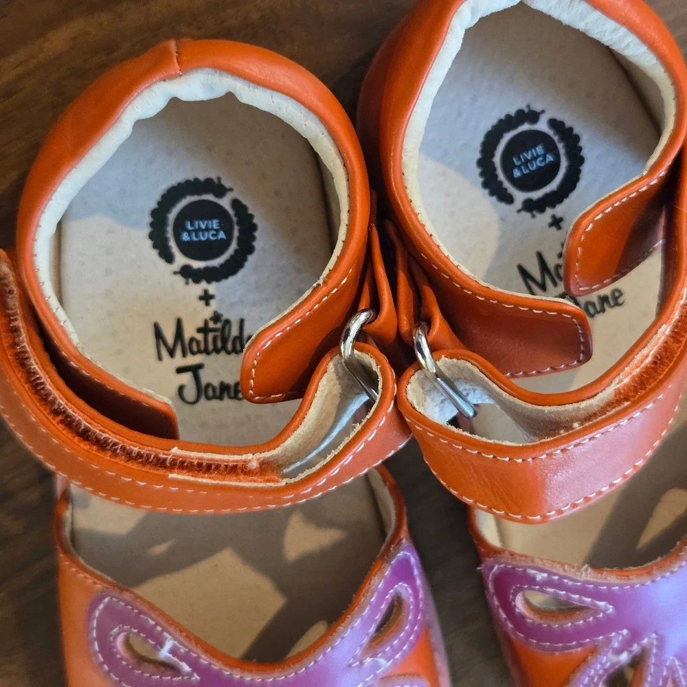 Livie & Luca Girls Petal Mary Jane Orange Leather Purple Flower Shoes Size 11c